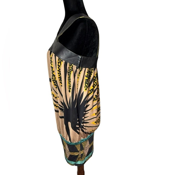 Marciano Silk and Leather halter Floral Black and Tan Dress - Picture 5 of 13